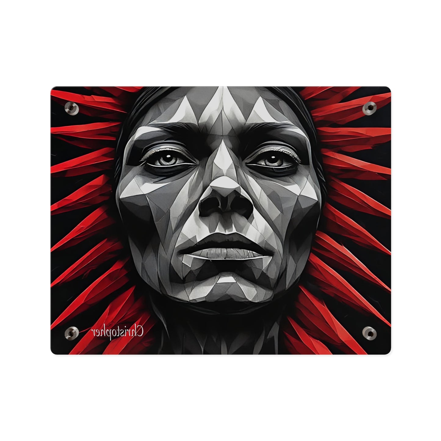 Acrylic Wall Art Panel — Geometric Tribal Face with Red Feather Headdress