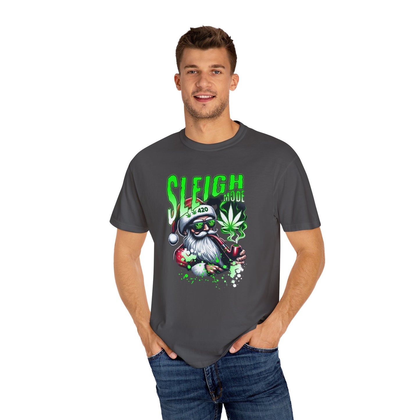 Sleigh Joe Graphic Tee, Unisex Holiday T-Shirt, Funny Christmas Shirt, Cannabis Santa Gift, Unique Tee for Parties