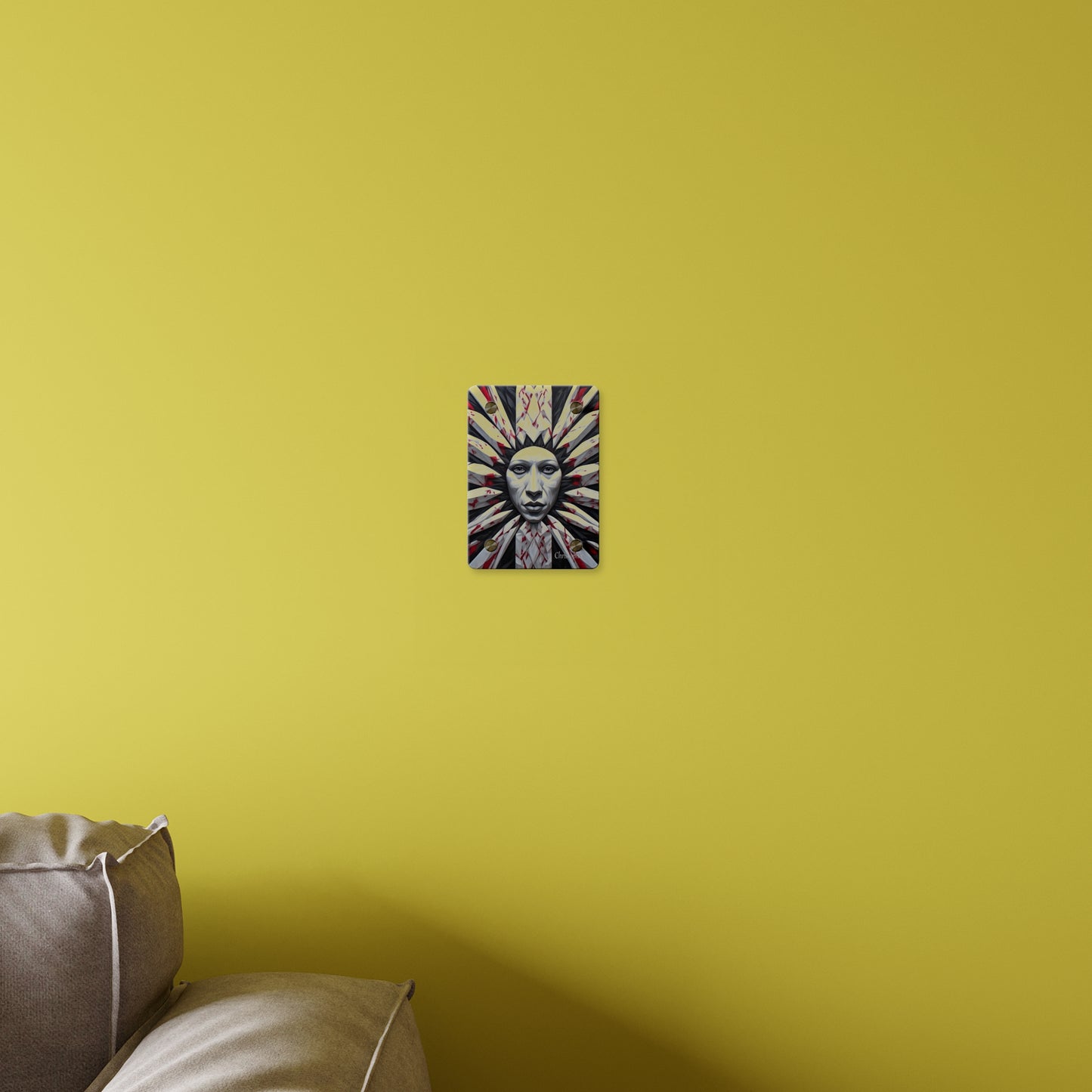 Acrylic Wall Art Panel — Surreal Sunburst Face with Red & Black Feather Design