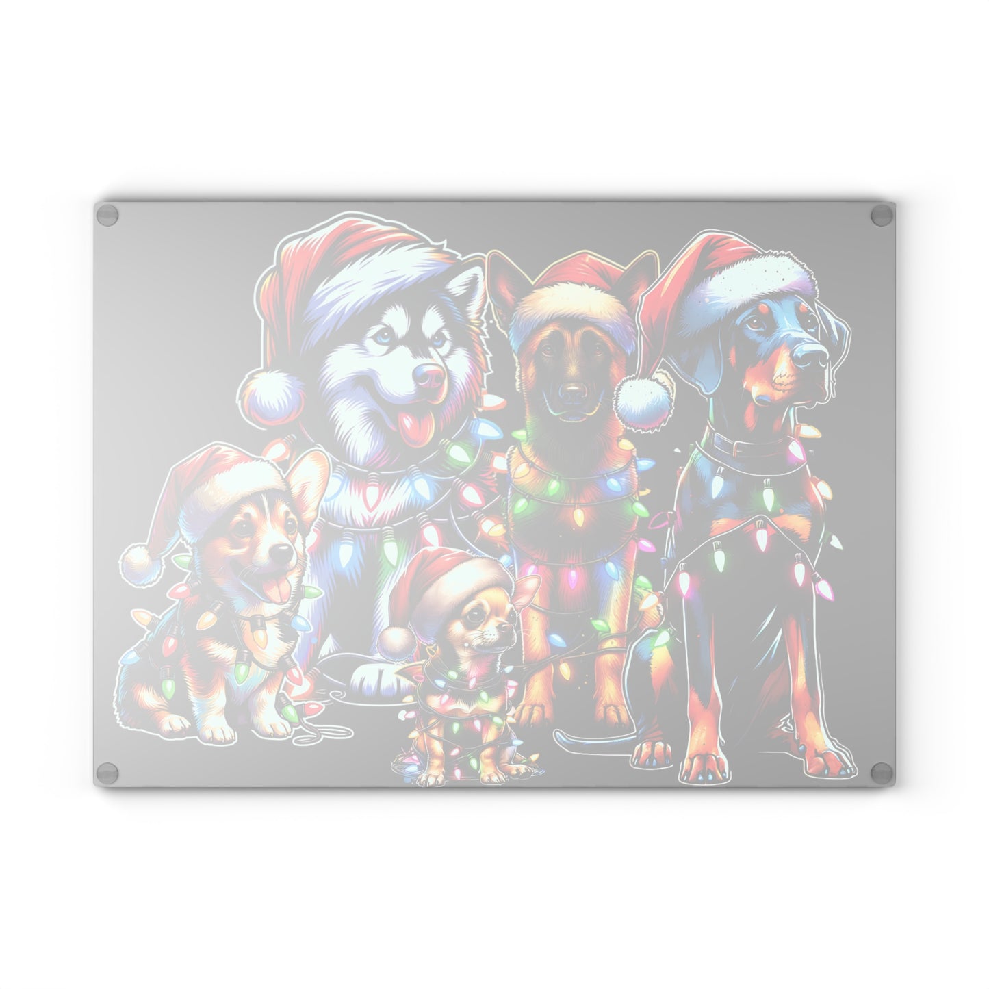 Christmas Dogs Glass Cutting Board — Festive Santa Hats & Holiday Lights