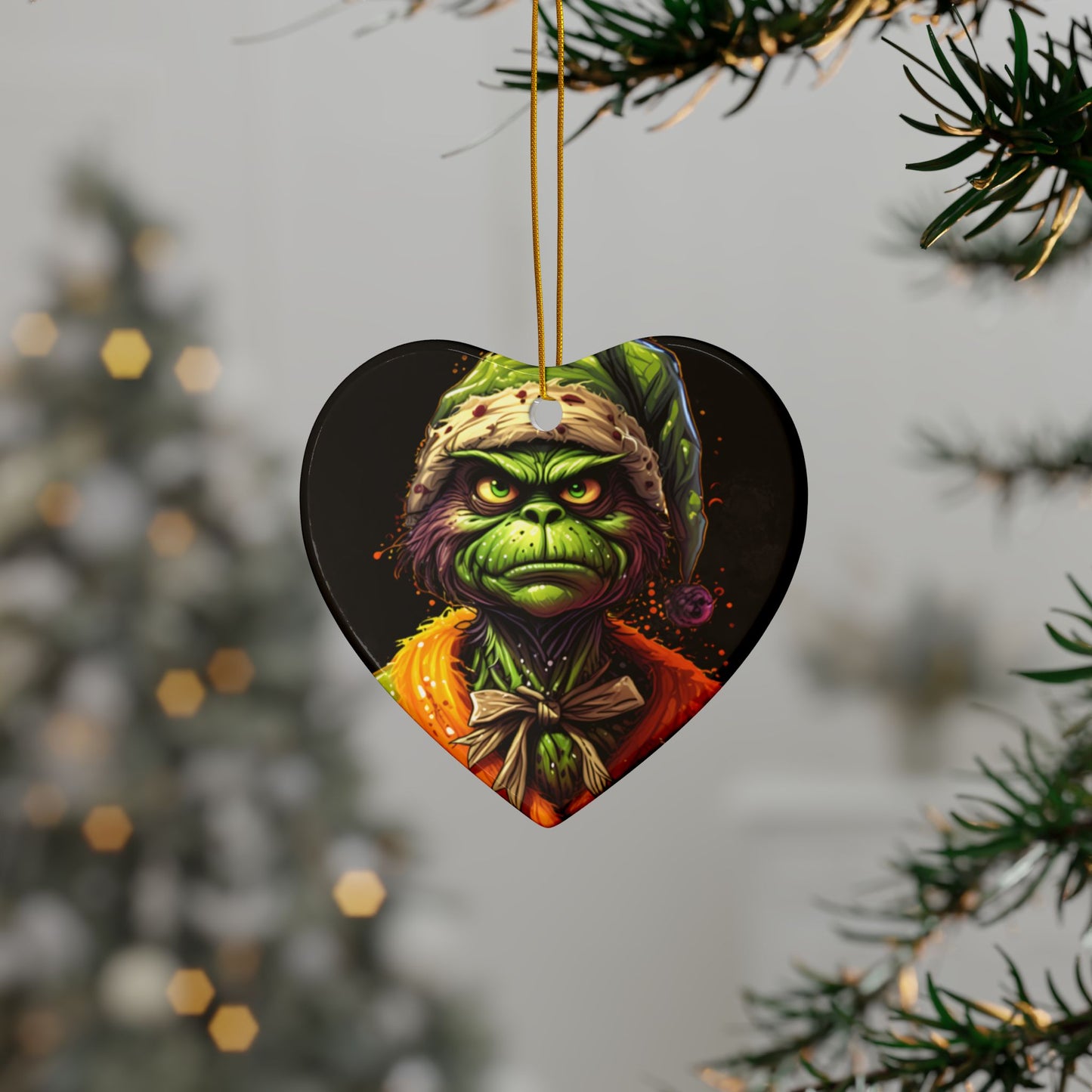 Grinch-Inspired Ceramic Ornament — Double-Sided Holiday Decoration