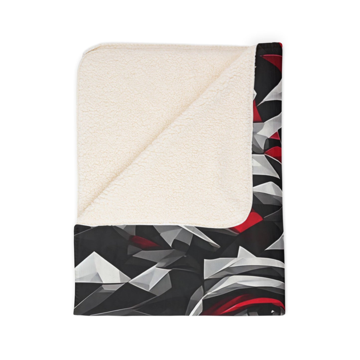 Geometric Tribal Mask Sherpa Blanket — Bold Red & Gray Abstract Face Throw
