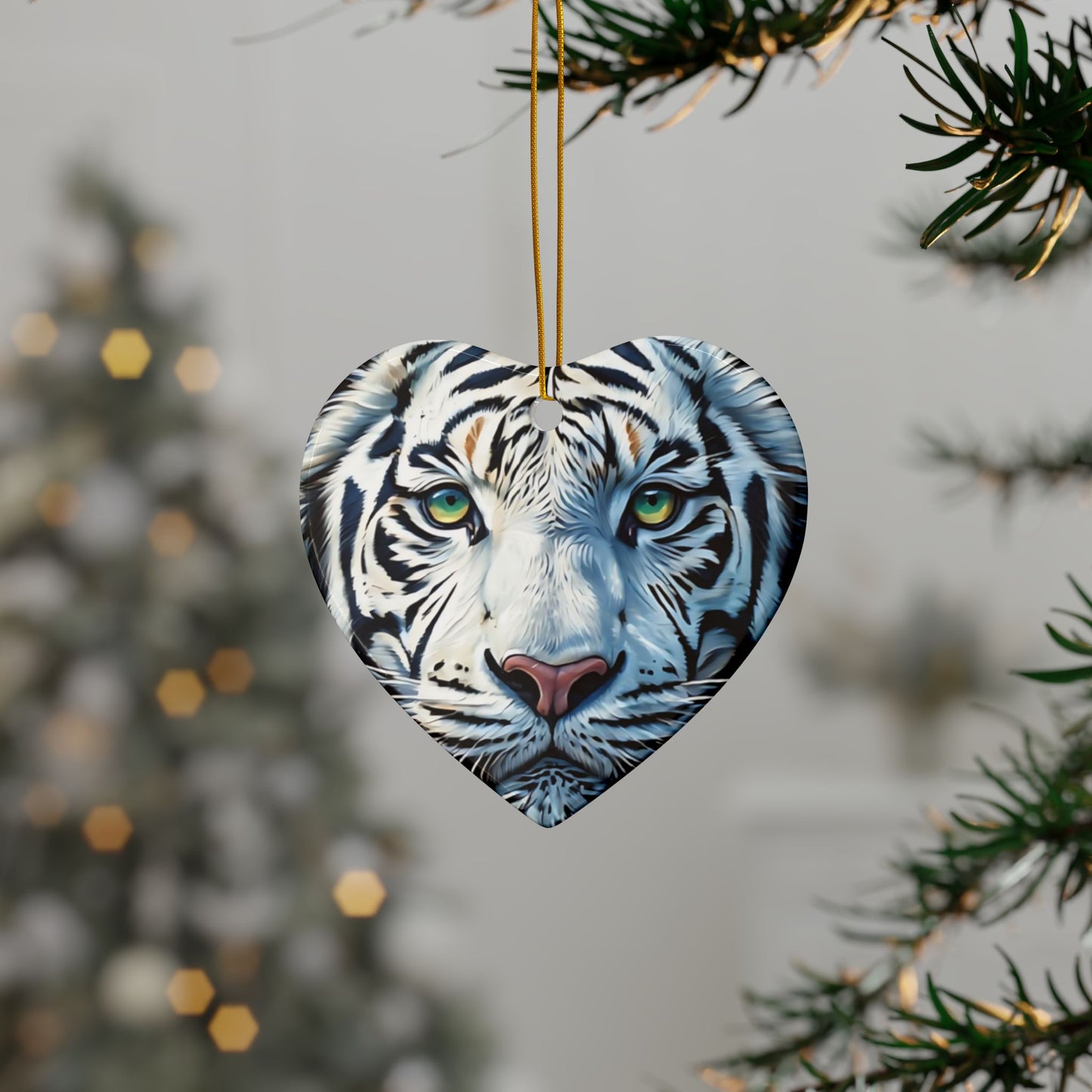 White Tiger Ceramic Ornament — Two-Sided Round Holiday Decoration
