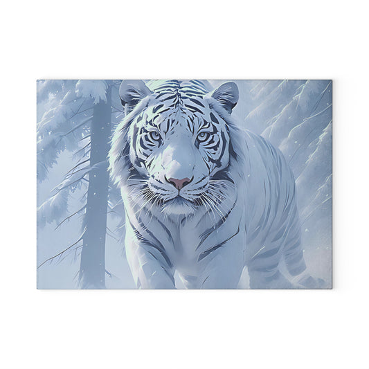 Glass Cutting Board — White Tiger Winter Scene Tempered Glass Chopping Board