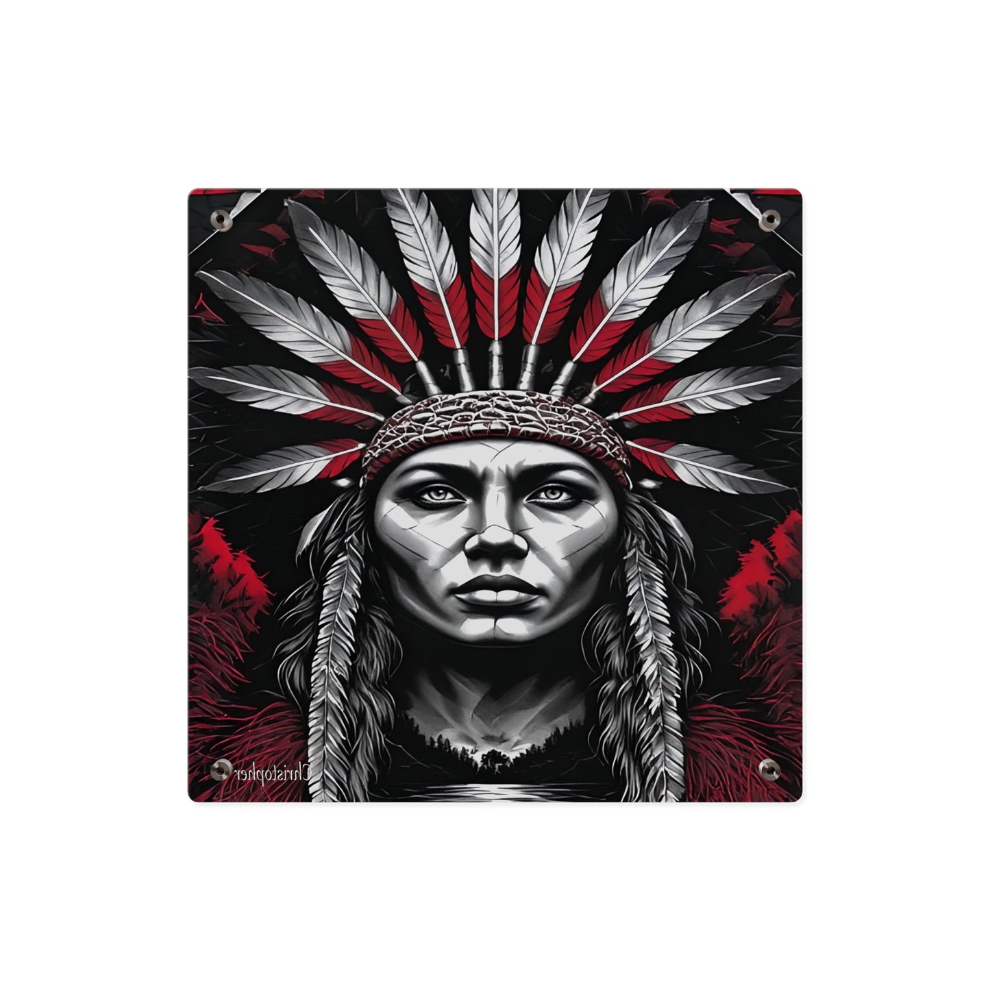 Acrylic Wall Art Panel — Bold Native Chief Portrait in Red & Black