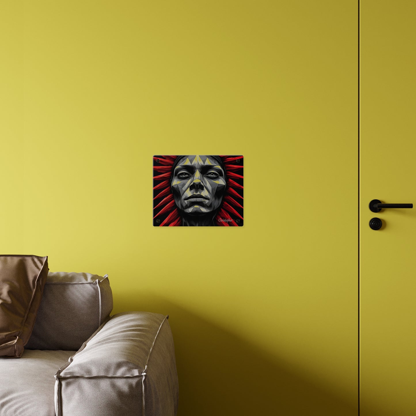 Acrylic Wall Art Panel — Geometric Tribal Face with Red Feather Headdress