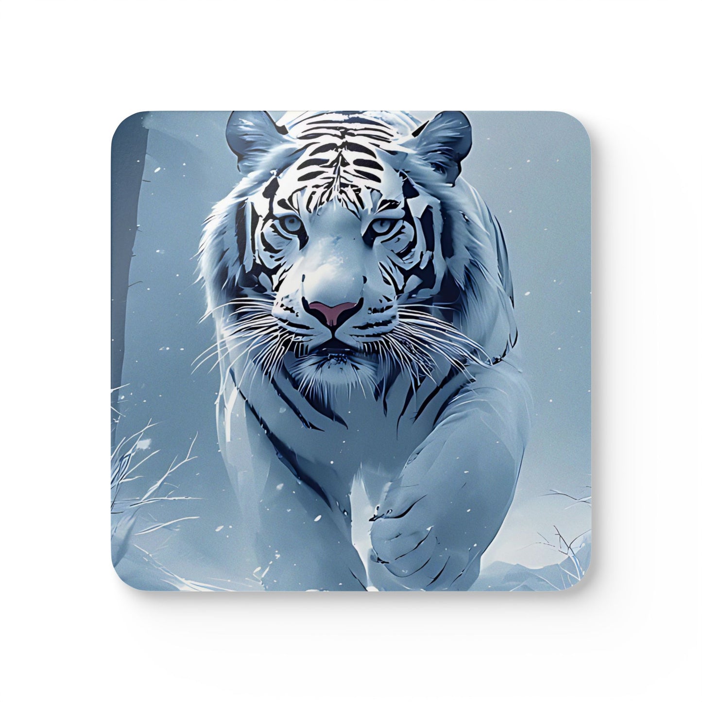 White Tiger Snow Scene Cork Coaster Set — Animal Art Drink Coasters (4-Pack)