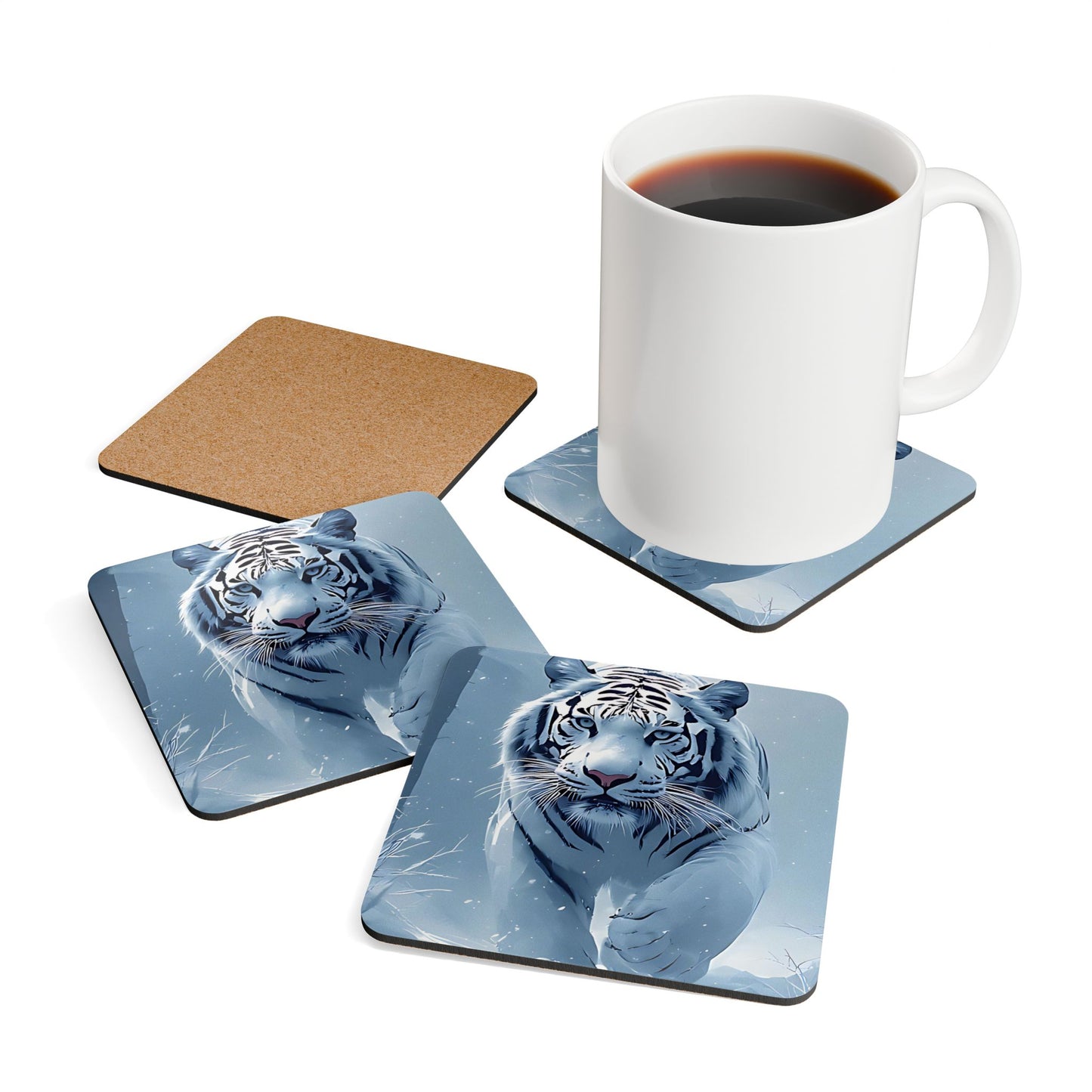 White Tiger Snow Scene Cork Coaster Set — Animal Art Drink Coasters (4-Pack)