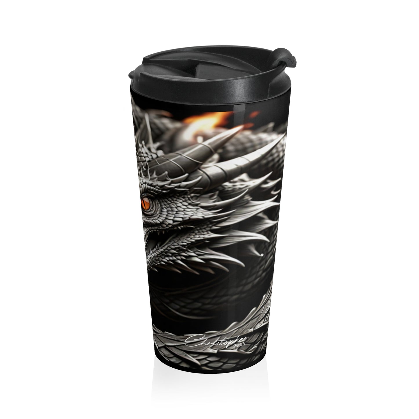 Dragon-Themed Stainless Steel Travel Mug, Perfect Gift for Fantasy Lovers, Unique Coffee Cup for Travel, Adventure Mug, Black Dragon Design