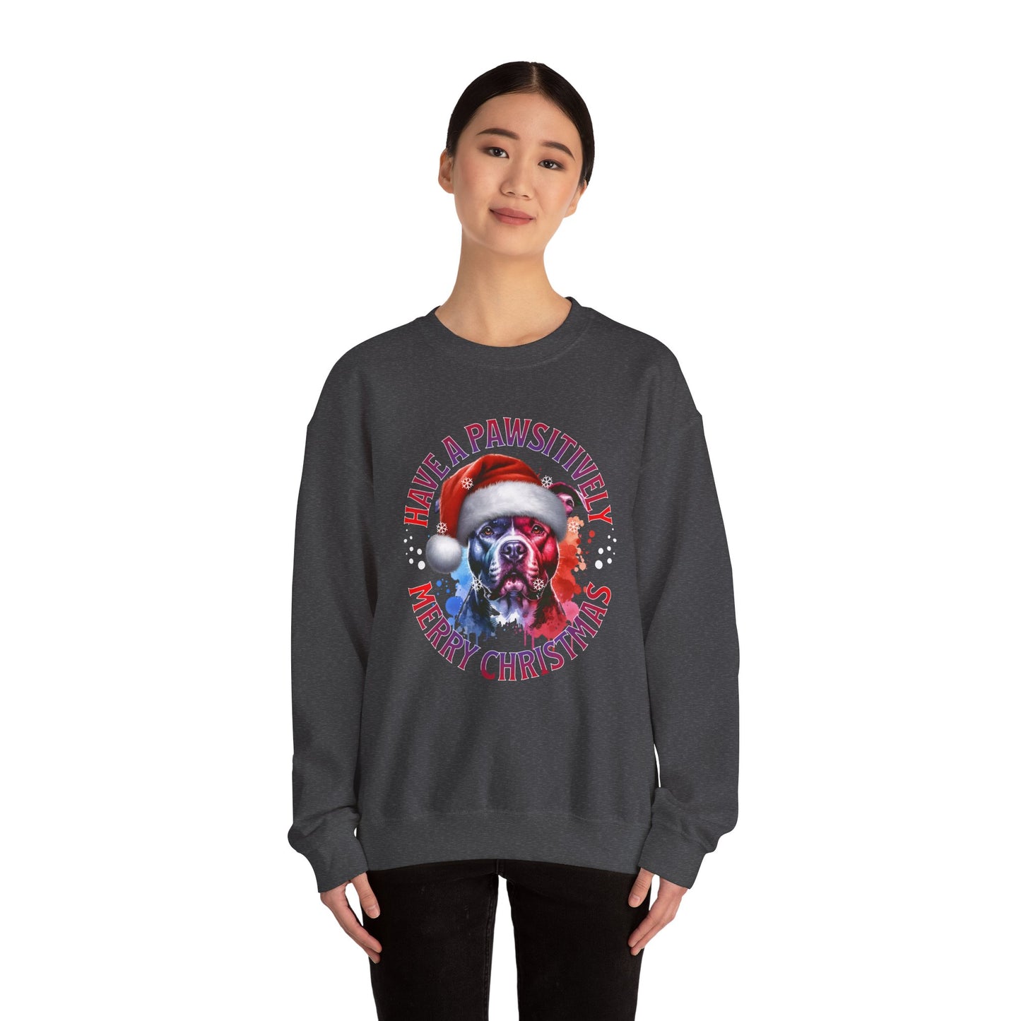 Crewneck Pit Bull Sweatshirt - "Have a Pawsitively Merry Christmas" Dog Santa Holiday Sweatshirt