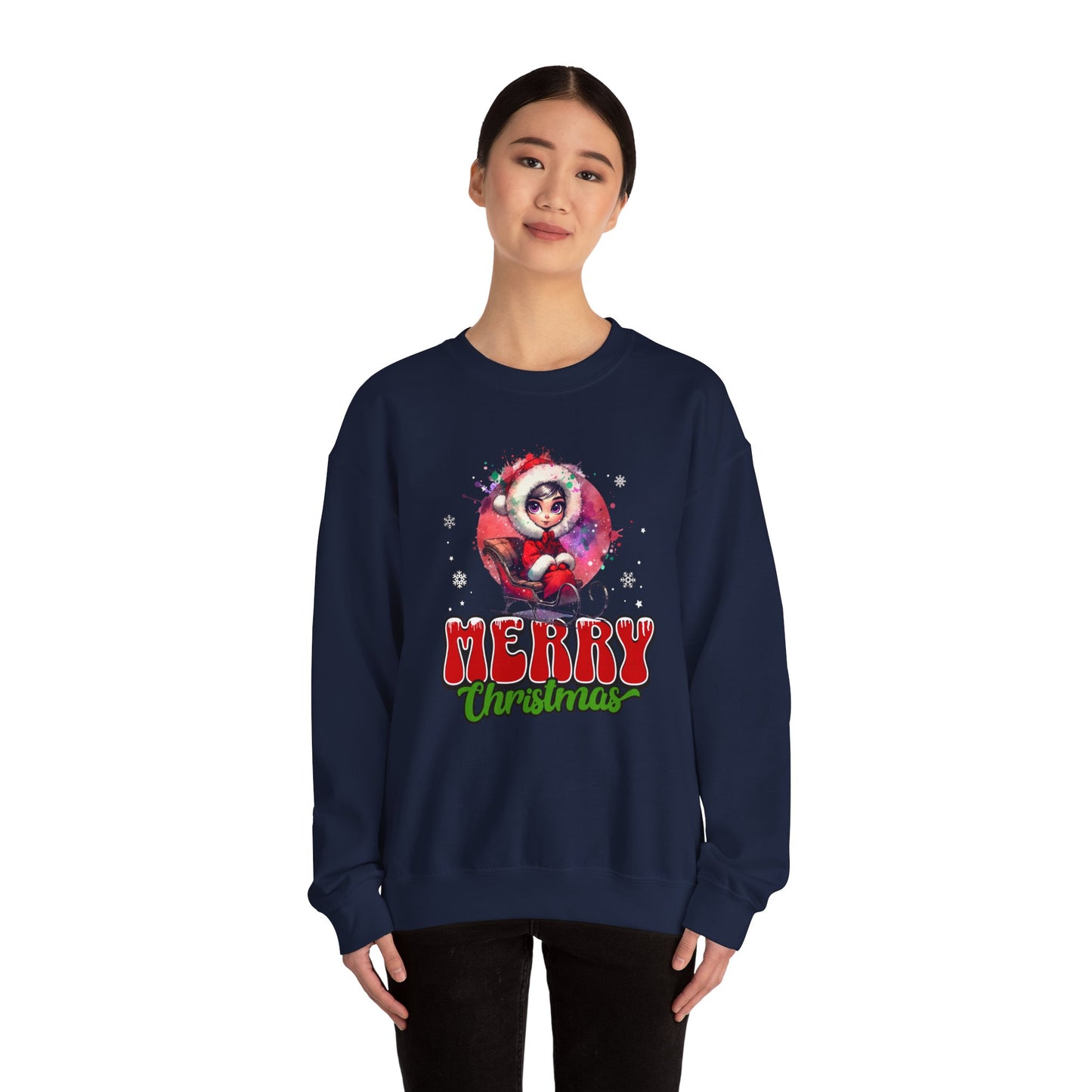 Christmas Crewneck Sweatshirt — Cute Santa Girl 'Merry Christmas' Holiday Pullover