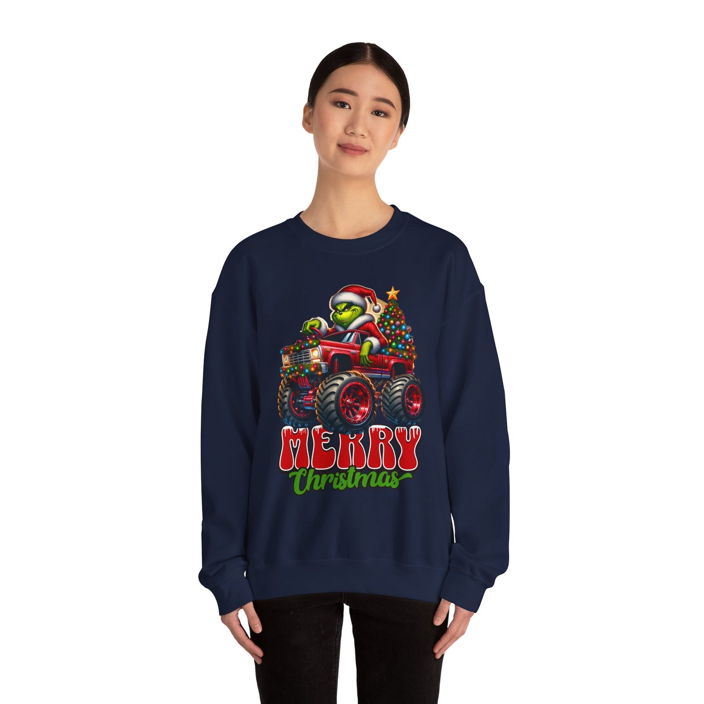 Christmas Monster Truck Sweatshirt — 'Merry Christmas' Grinch Driver Design