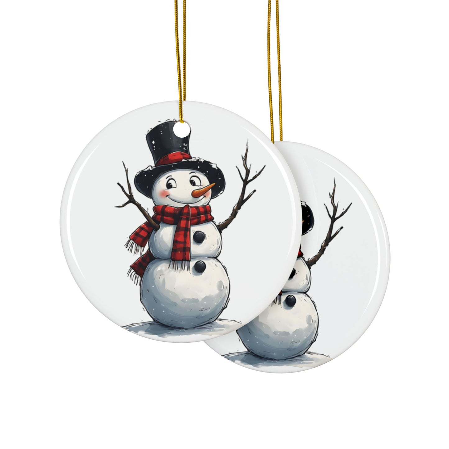 Snowman Ceramic Ornament — Cute 2-Sided Christmas Tree Decoration