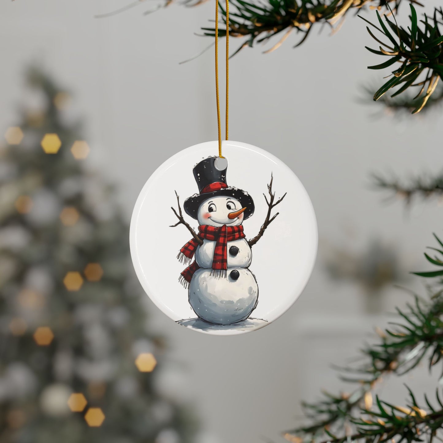Snowman Ceramic Ornament — Cute 2-Sided Christmas Tree Decoration