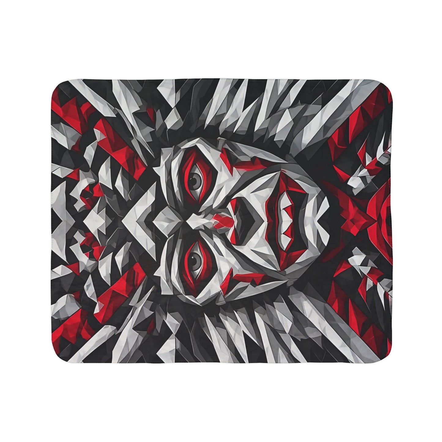 Geometric Tribal Mask Sherpa Blanket — Bold Red & Gray Abstract Face Throw