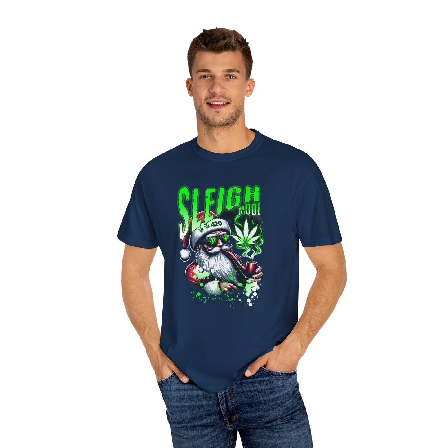 Sleigh Joe Graphic Tee, Unisex Holiday T-Shirt, Funny Christmas Shirt, Cannabis Santa Gift, Unique Tee for Parties