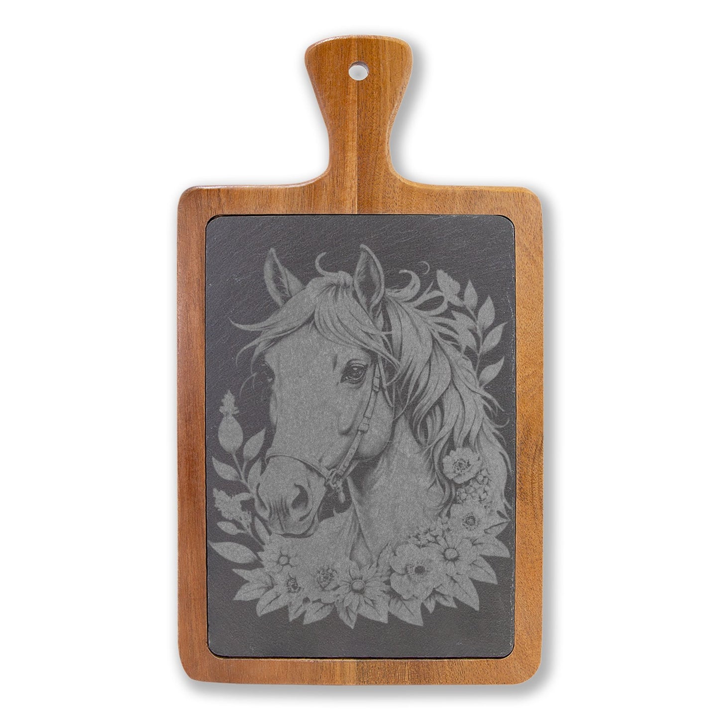 Engraved Horse Cheeseboard Set — Acacia Charcuterie Board with Slate Inlay & Cheese Tools