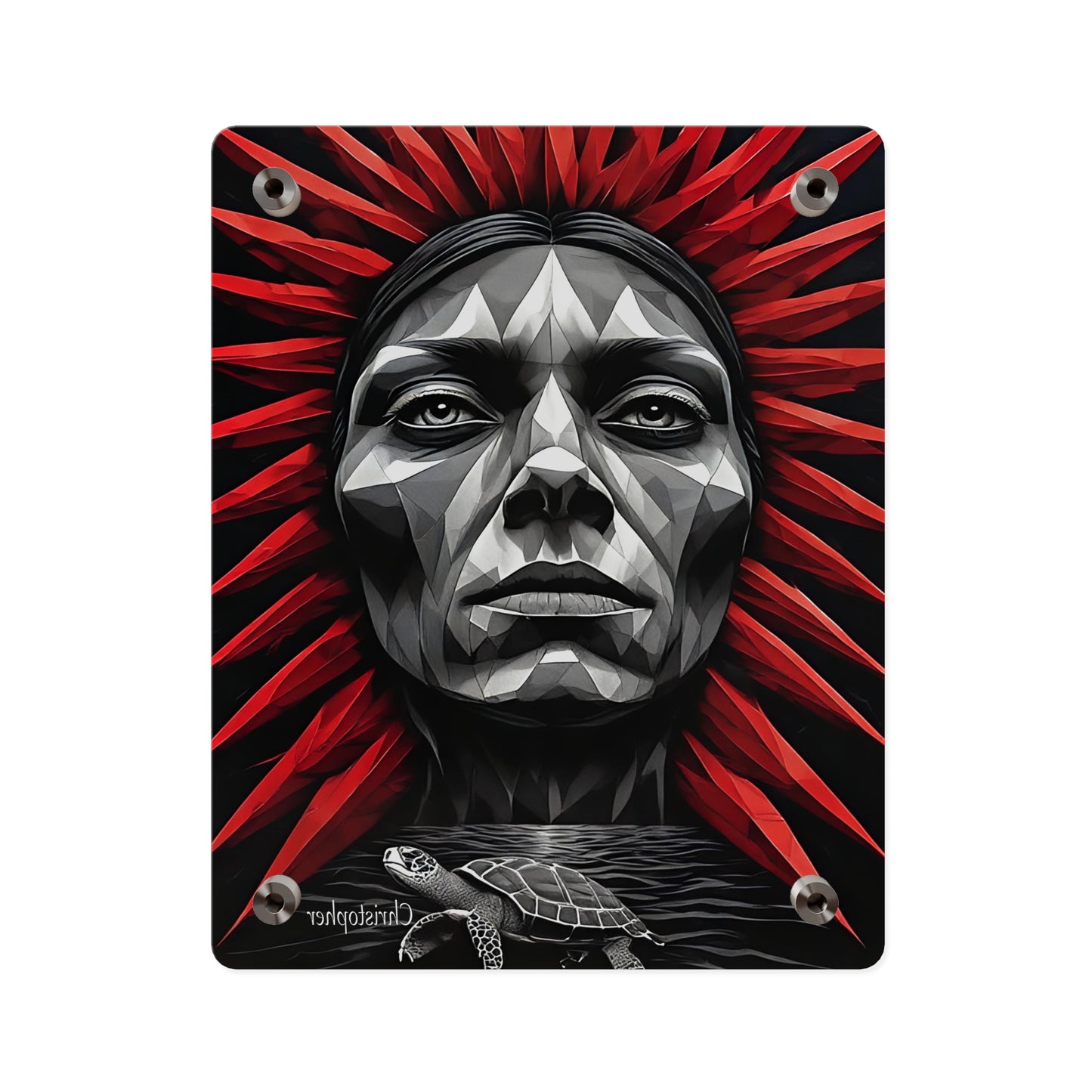 Acrylic Wall Art Panel — Geometric Tribal Face with Red Feather Headdress