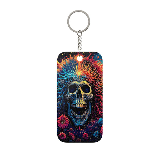 Psychedelic Skull Keychain — Colorful Floral Day of the Dead Charm