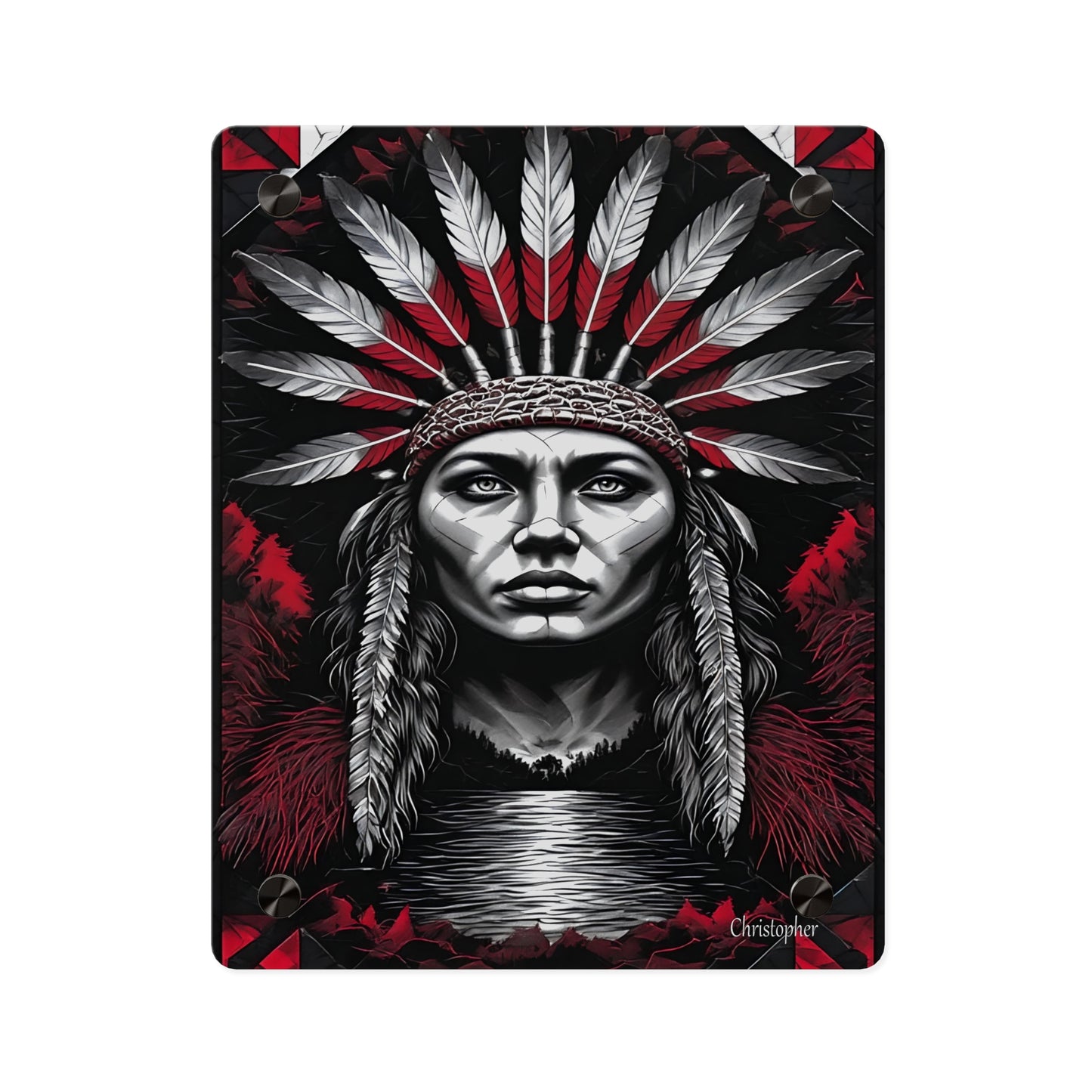 Acrylic Wall Art Panel — Bold Native Chief Portrait in Red & Black