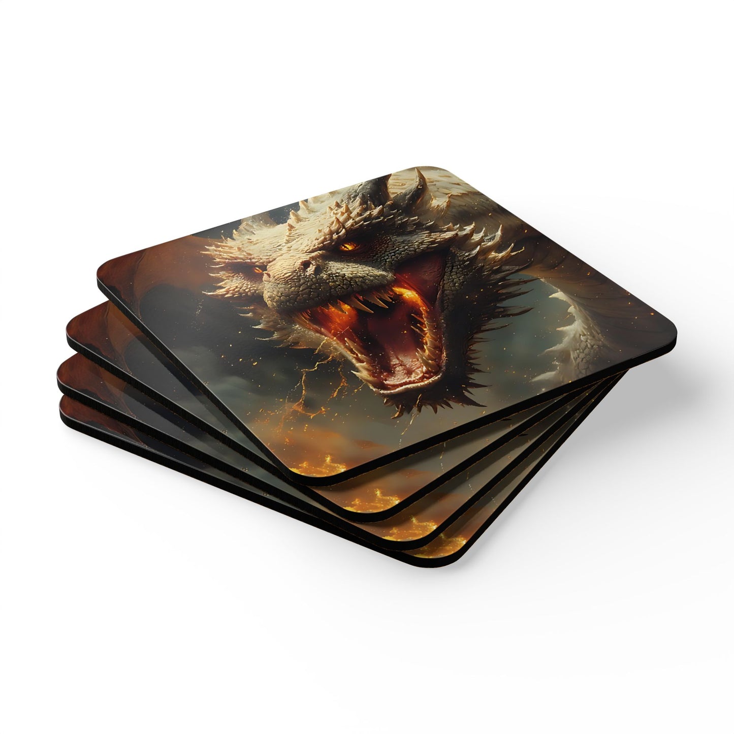 Dragon Fire Cork Coaster Set — Fantasy Creature Drink Coasters (4-Pack)