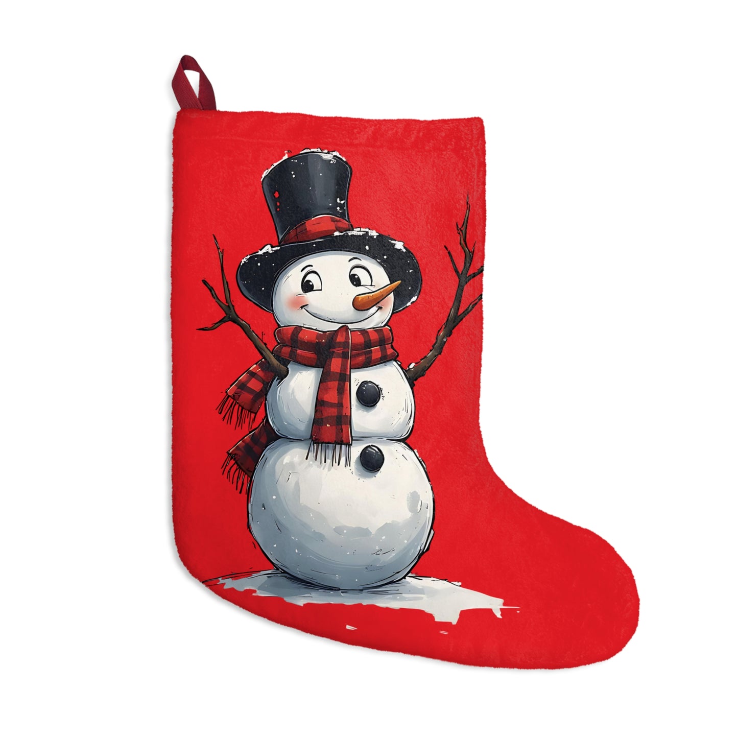 Snowman Christmas Stocking – Red Holiday Stocking with Top Hat & Scarf