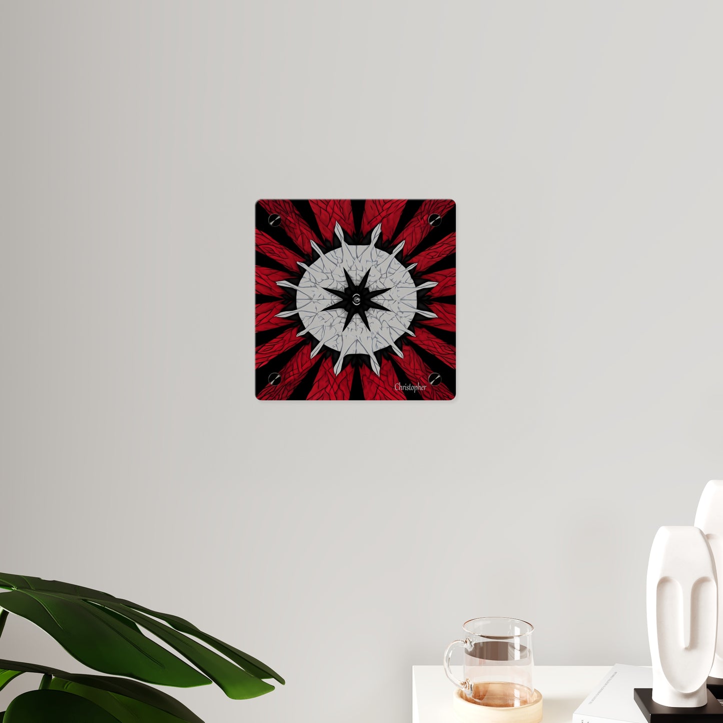 Red & Black Mandala Acrylic Wall Art Panel — Personalized Name Option
