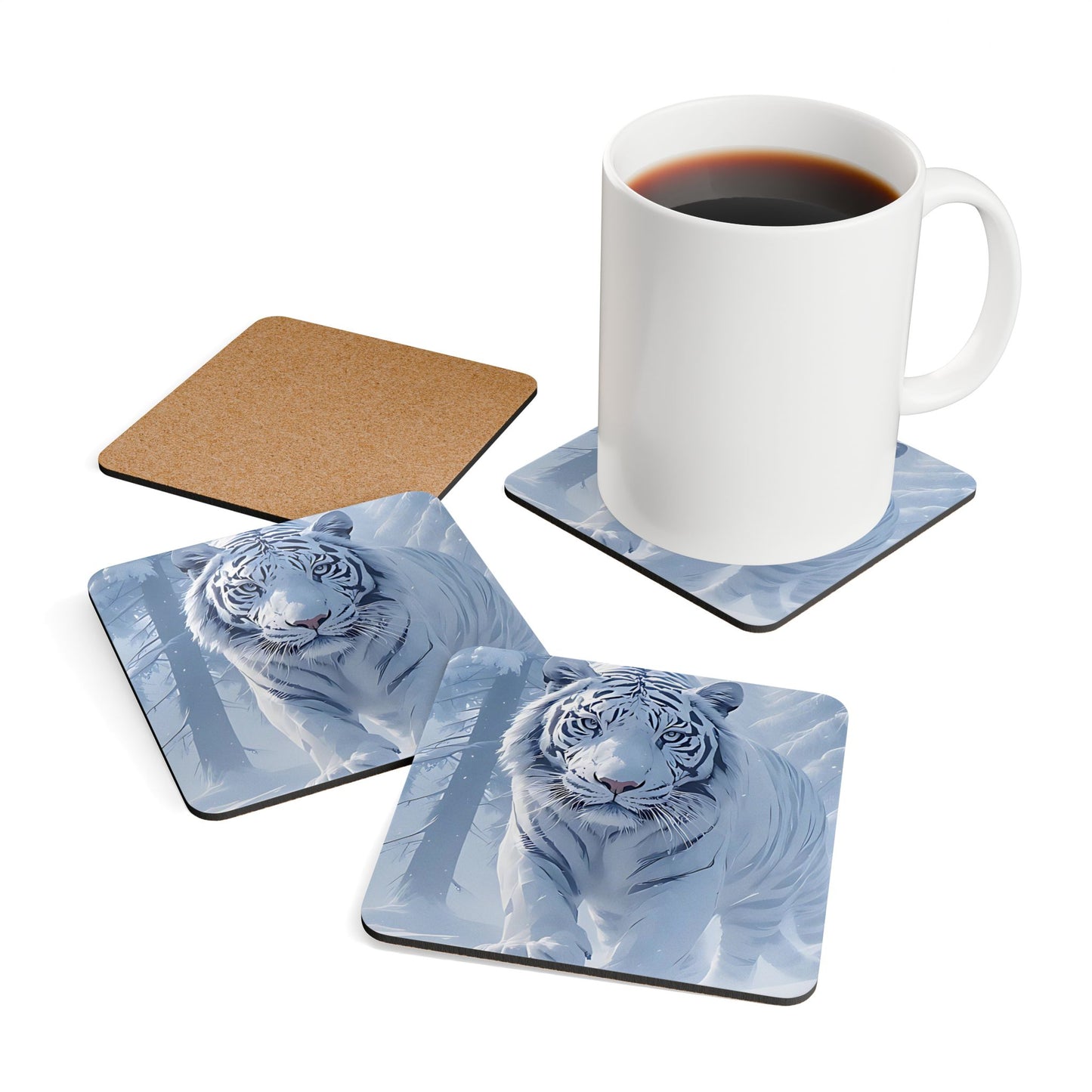 White Tiger Winter Cork Coaster Set — 4-Pack Decorative Drink Coasters