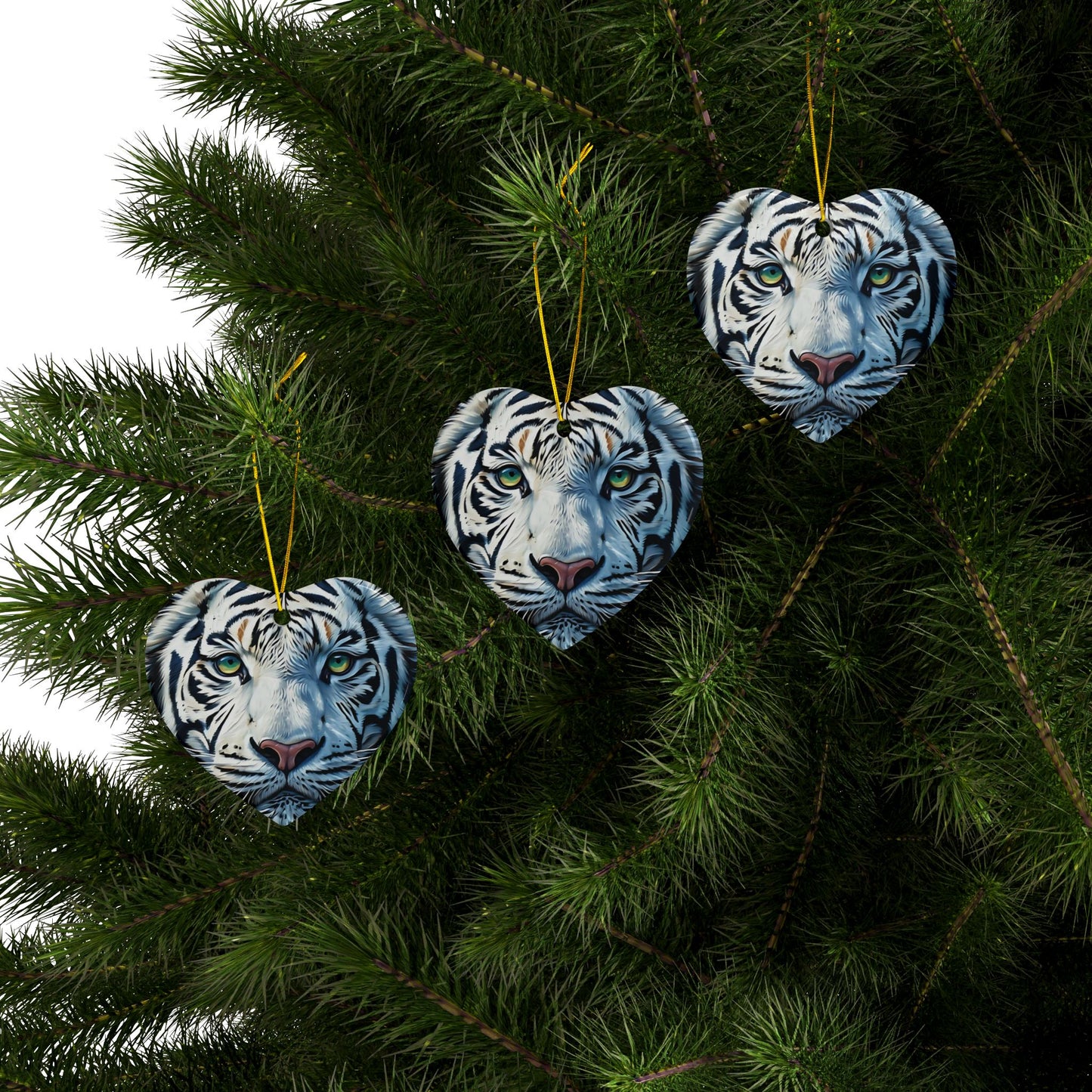 White Tiger Ceramic Ornament — Two-Sided Round Holiday Decoration