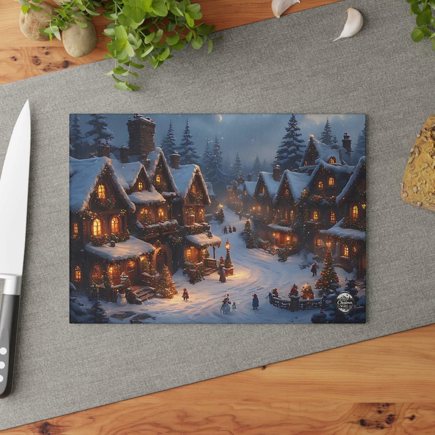 Winter Scene Glass Cutting Board | Holiday Kitchen Decor, Snowy Village Board, Christmas Gift, Cooking Accessory, Festive Home Decor
