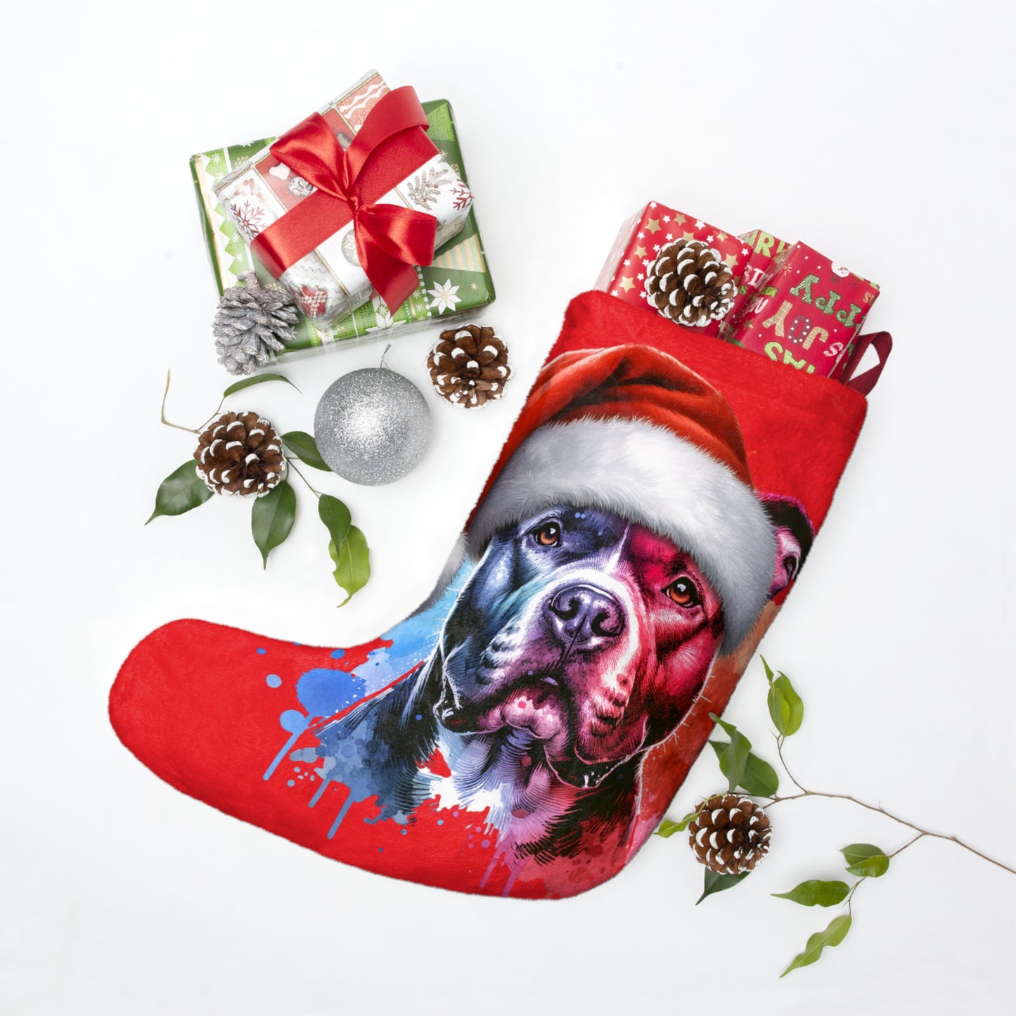 Pit Bull Christmas Stocking — Festive Dog Portrait Holiday Decor