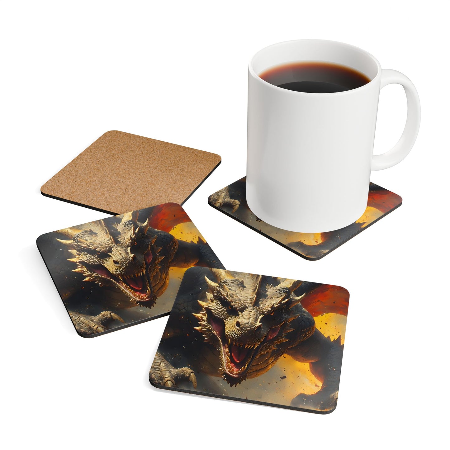 Dragon Fire Corkwood Coaster Set — Fantasy Dragon Drink Coasters