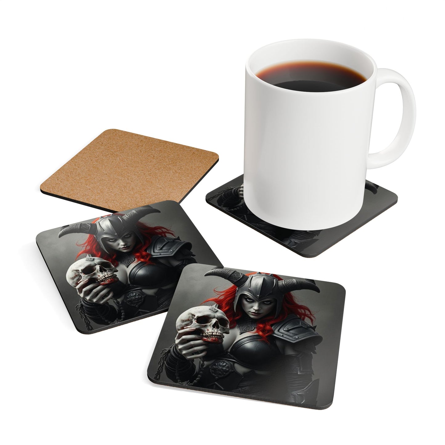 Gothic Fantasy Cork Coaster Set - Skull Warrior Design