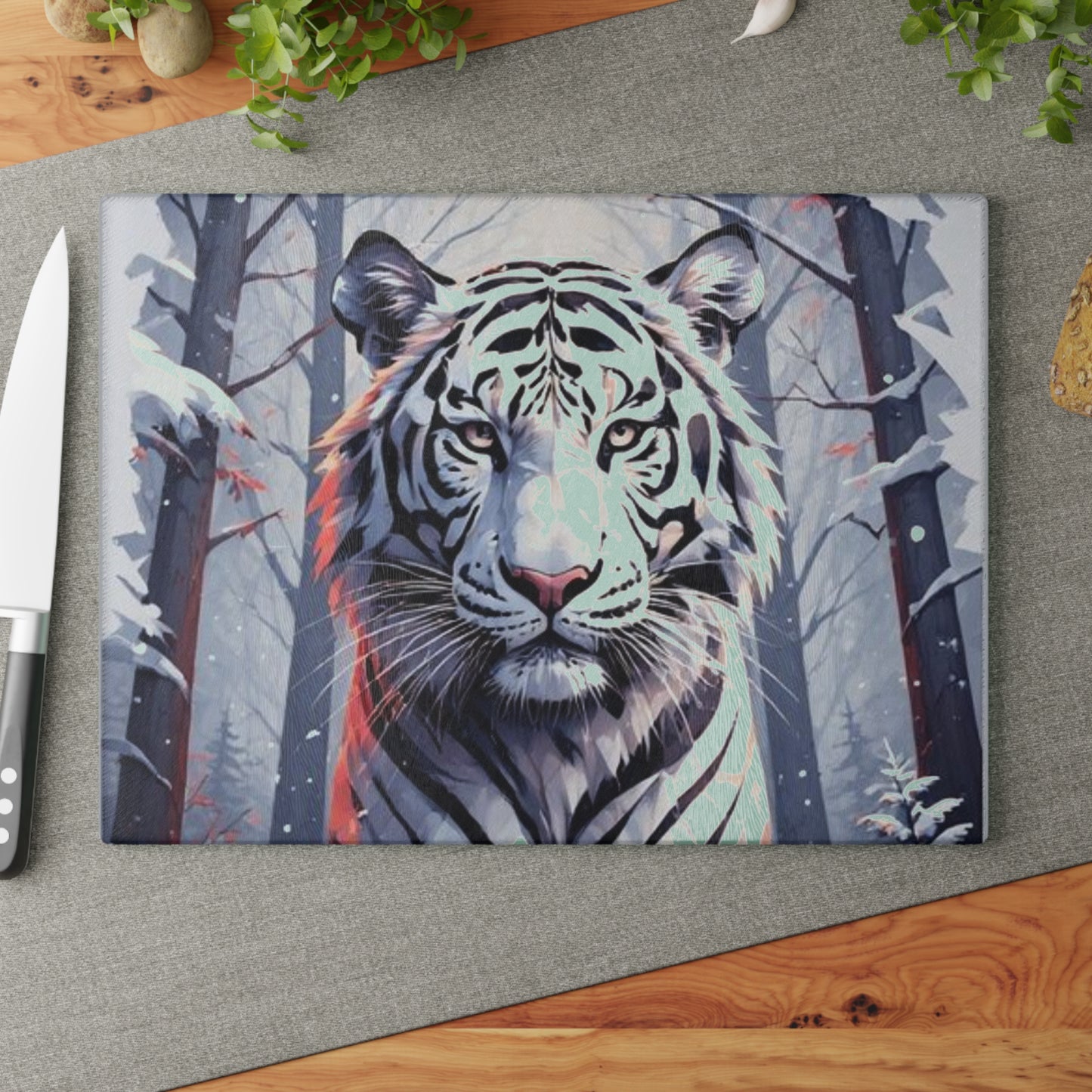 White Tiger Winter Glass Cutting Board — Decorative Kitchen Chopping Board