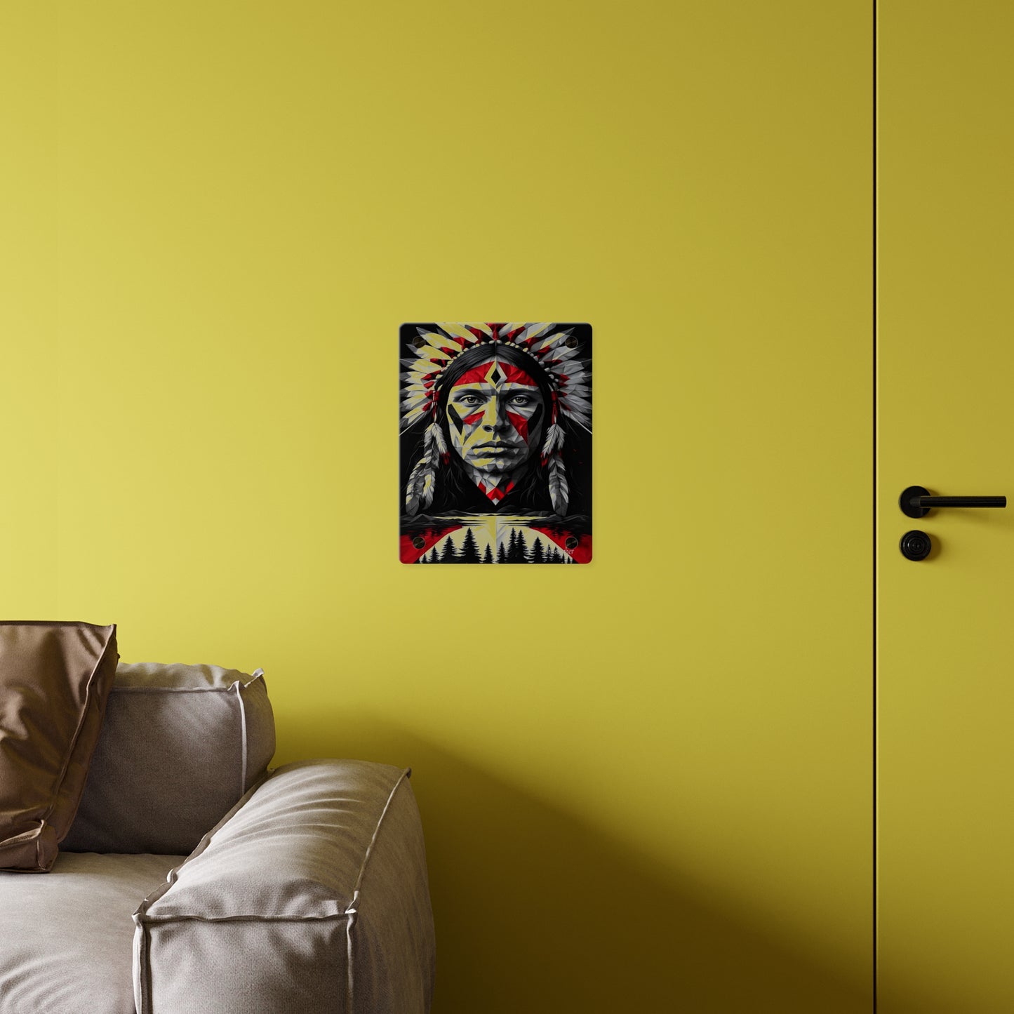Acrylic Wall Art Panel — Geometric Indigenous Warrior Portrait (Red & Black)