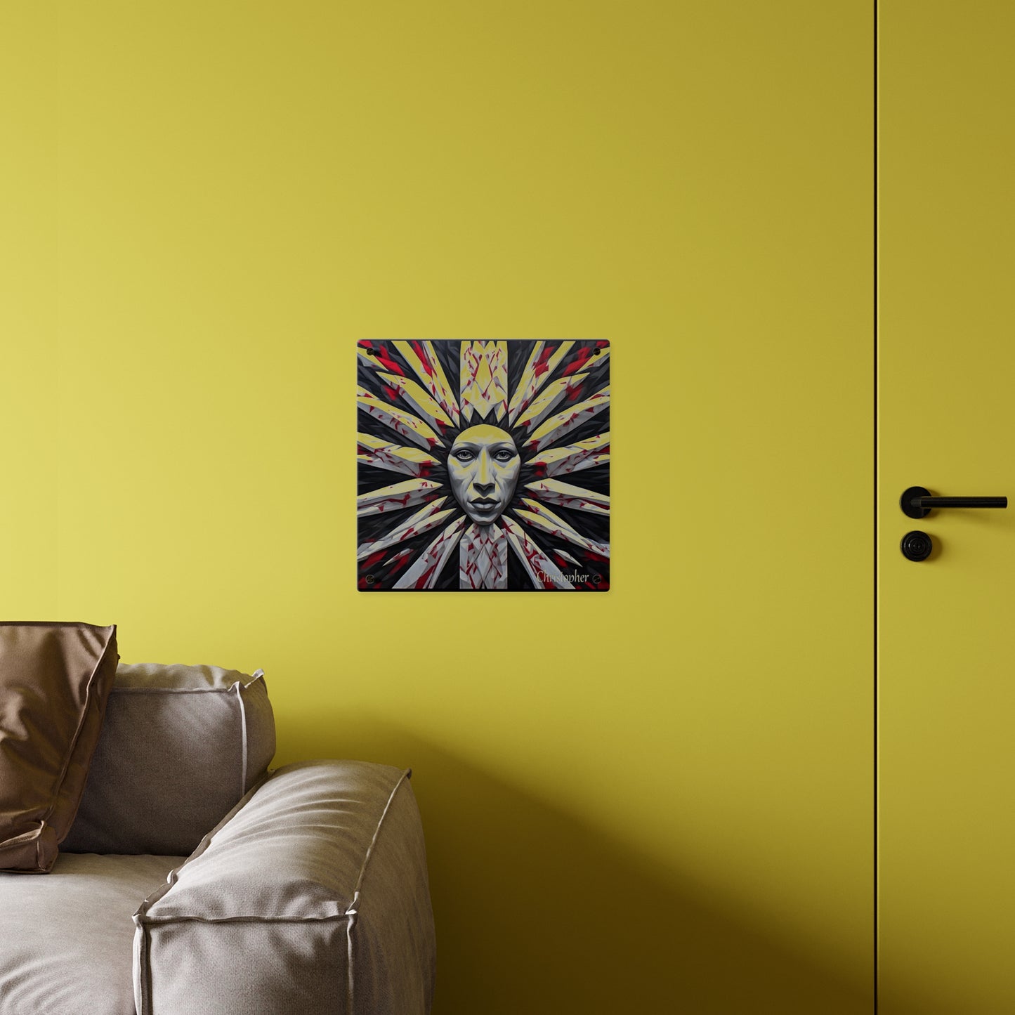 Acrylic Wall Art Panel — Surreal Sunburst Face with Red & Black Feather Design