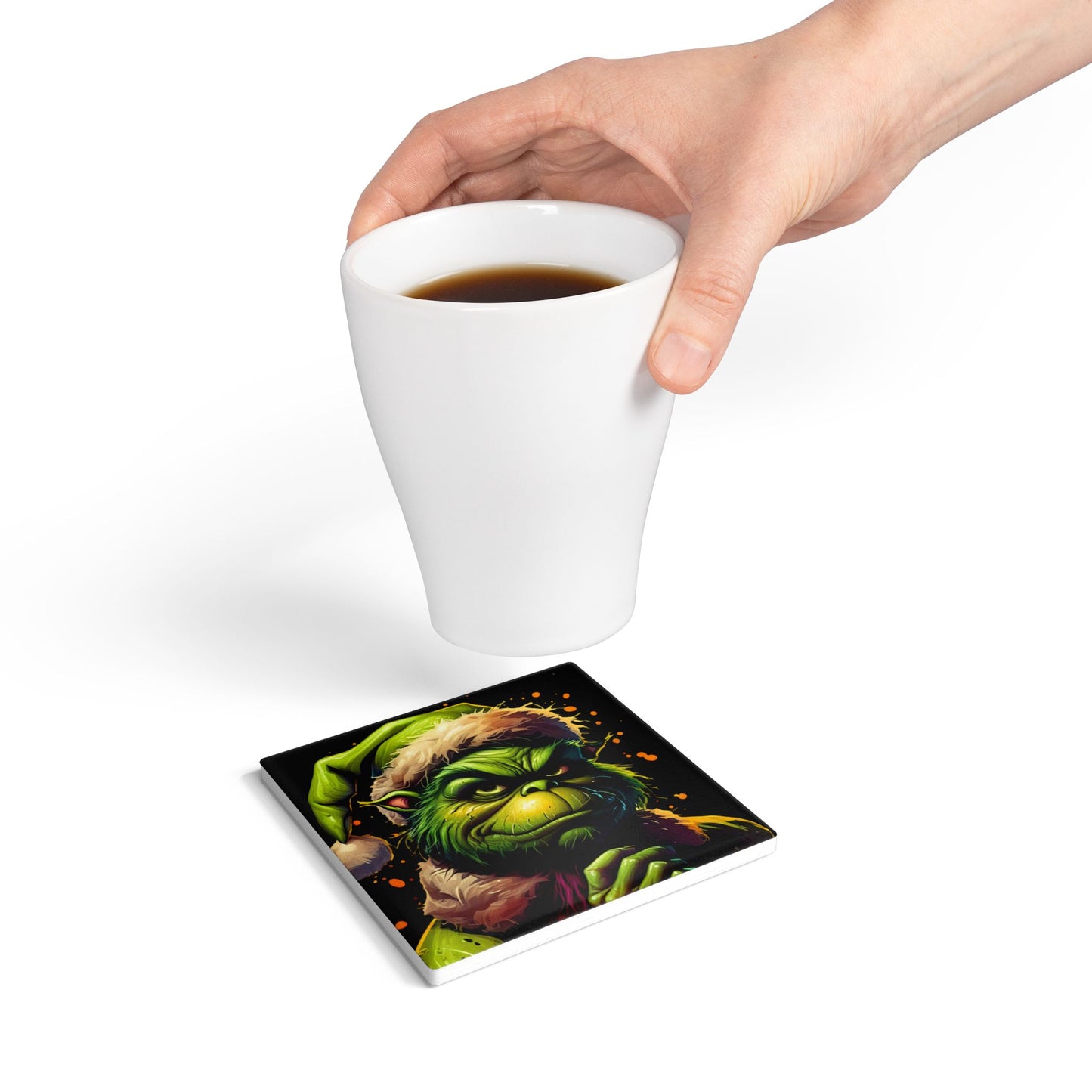 Grinch Santa Ceramic Coaster – Funny Christmas Holiday Drink Coaster