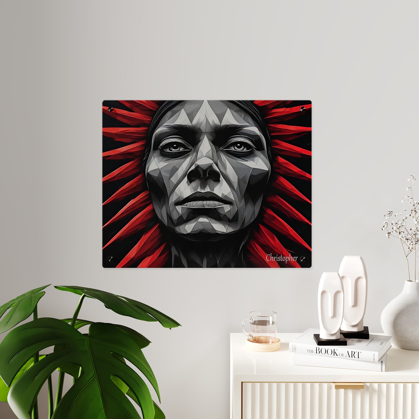 Acrylic Wall Art Panel — Geometric Tribal Face with Red Feather Headdress