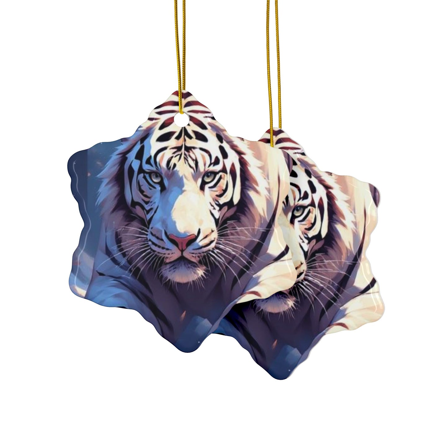 White Tiger Ceramic Ornament — Double-Sided Wildlife Holiday Decoration