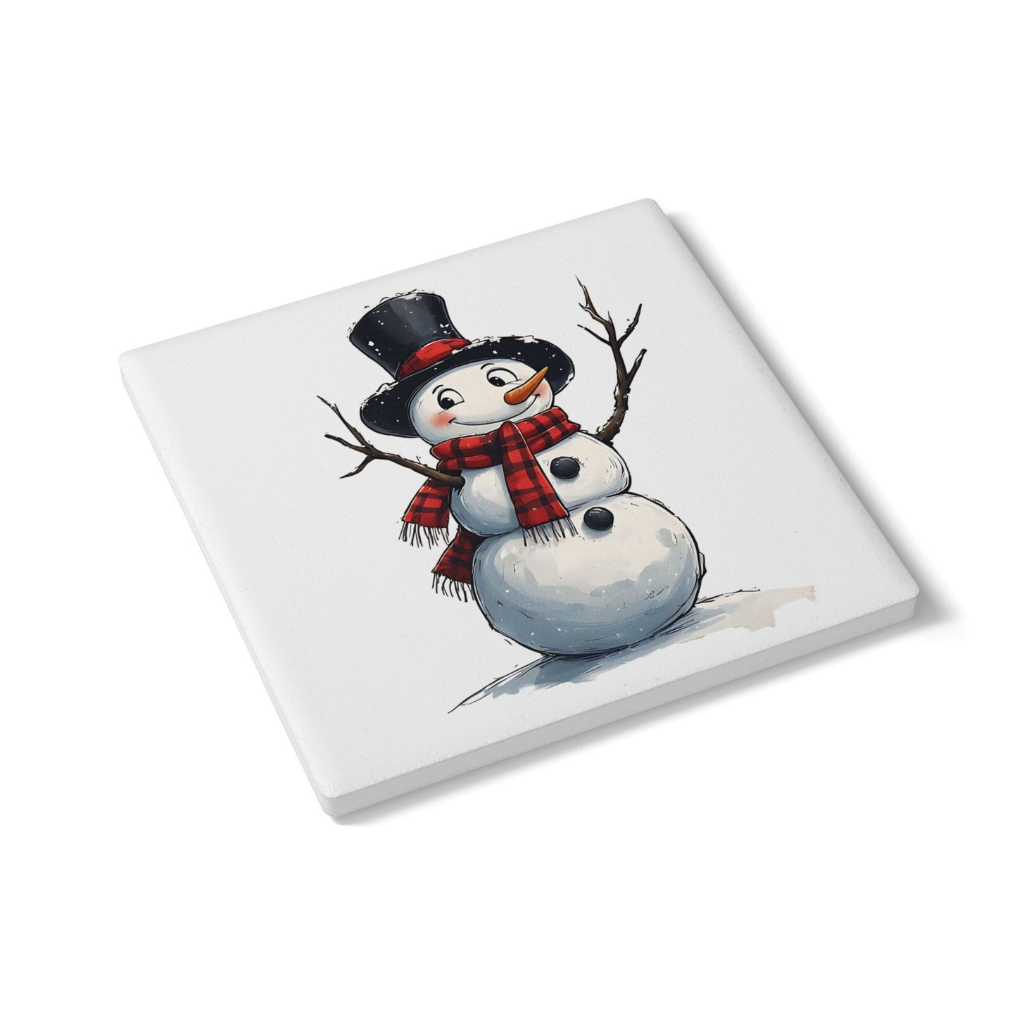 Winter Snowman Ceramic Coaster — Cute Hand-Drawn Snowman Holiday Drink Coaster