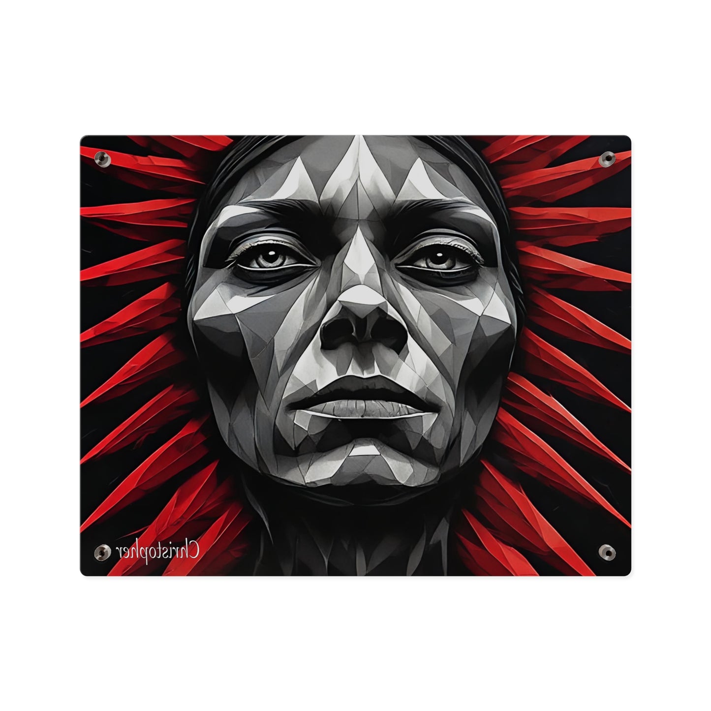Acrylic Wall Art Panel — Geometric Tribal Face with Red Feather Headdress