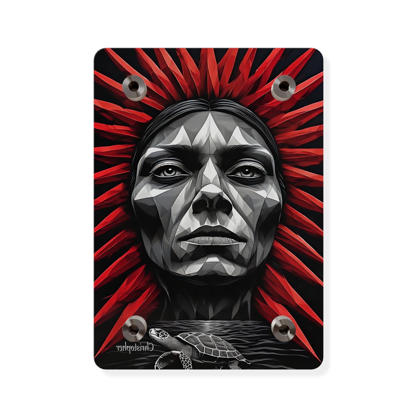 Acrylic Wall Art Panel — Geometric Tribal Face with Red Feather Headdress