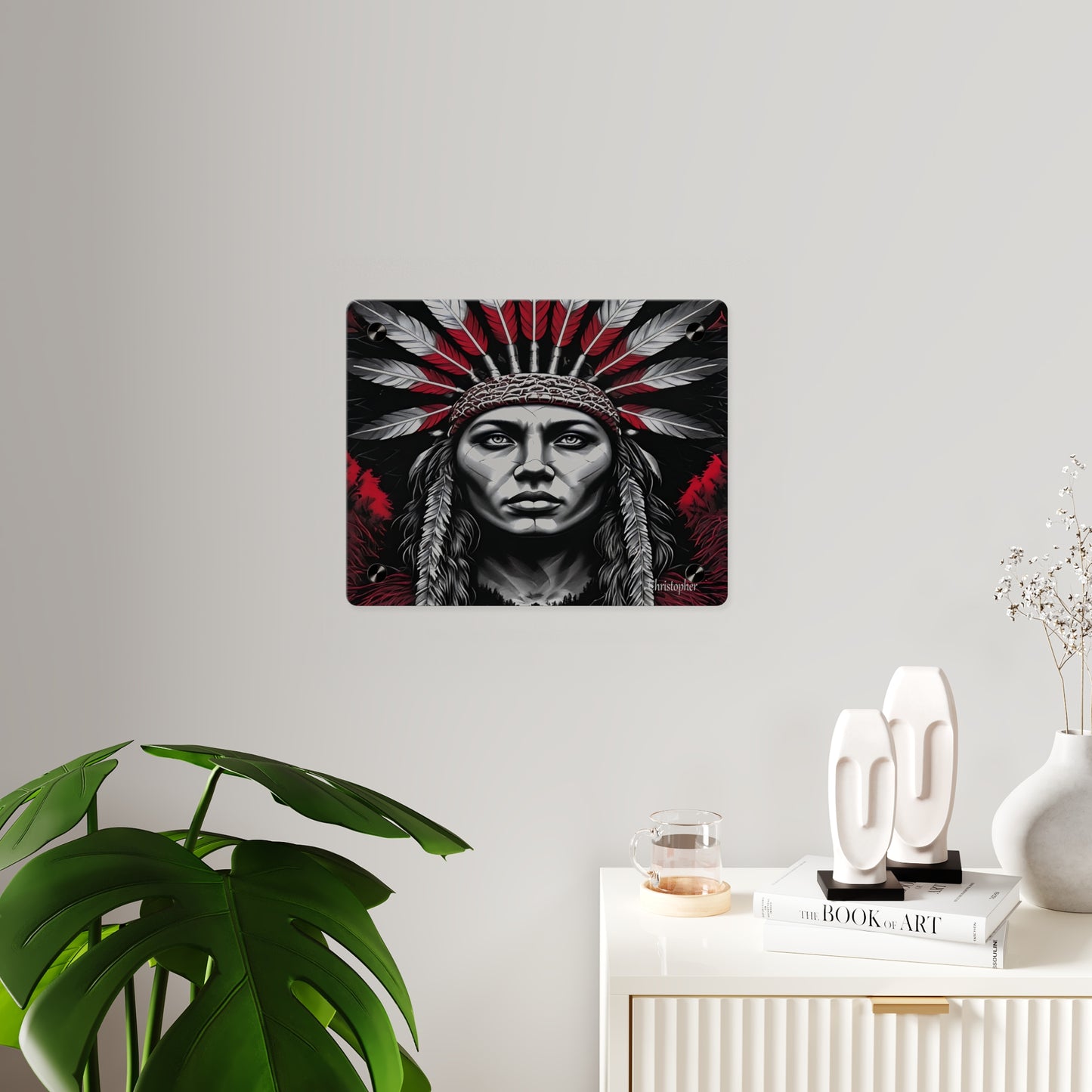 Acrylic Wall Art Panel — Bold Native Chief Portrait in Red & Black