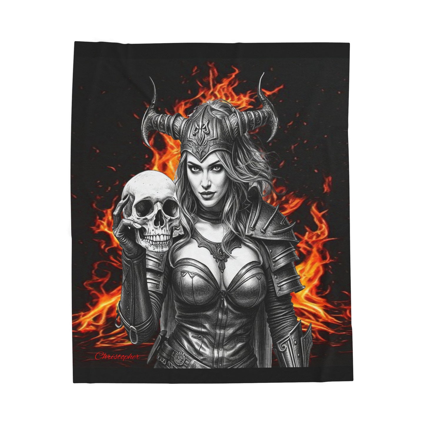 Valkyrie Skull Velvet Plush Blanket — Fiery Gothic Throw for Fantasy & Viking Fans