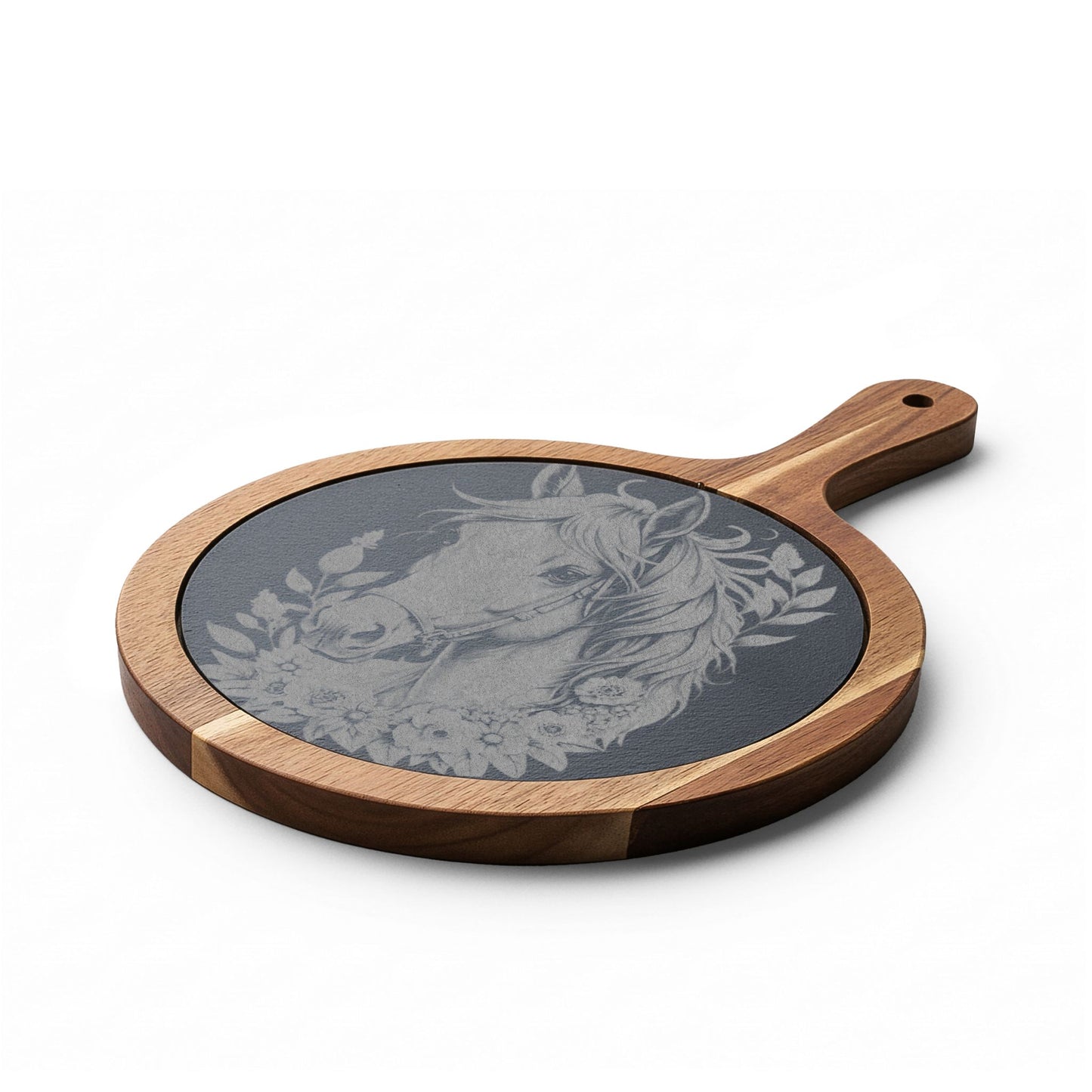 Engraved Horse Cheeseboard Set — Acacia Charcuterie Board with Slate Inlay & Cheese Tools