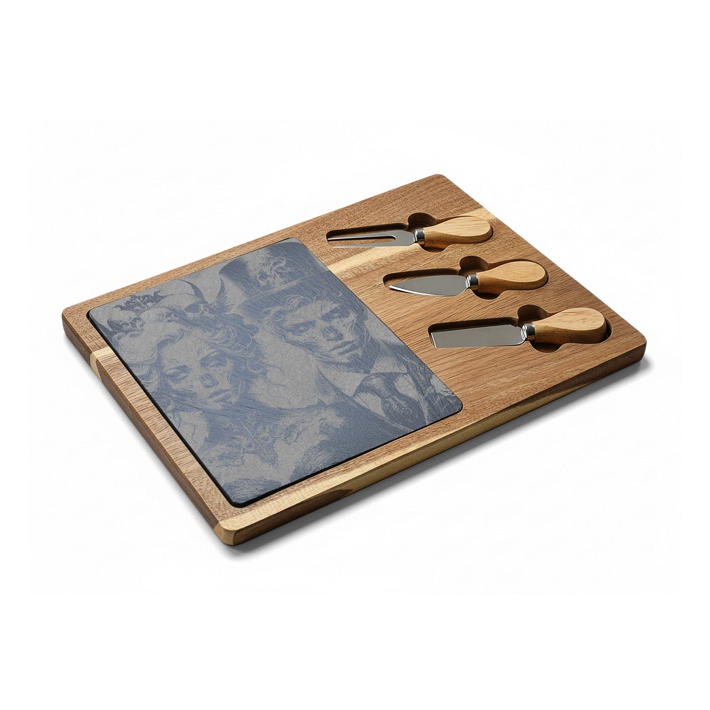 Engraved Acacia Charcuterie Board with Gothic Couple Design