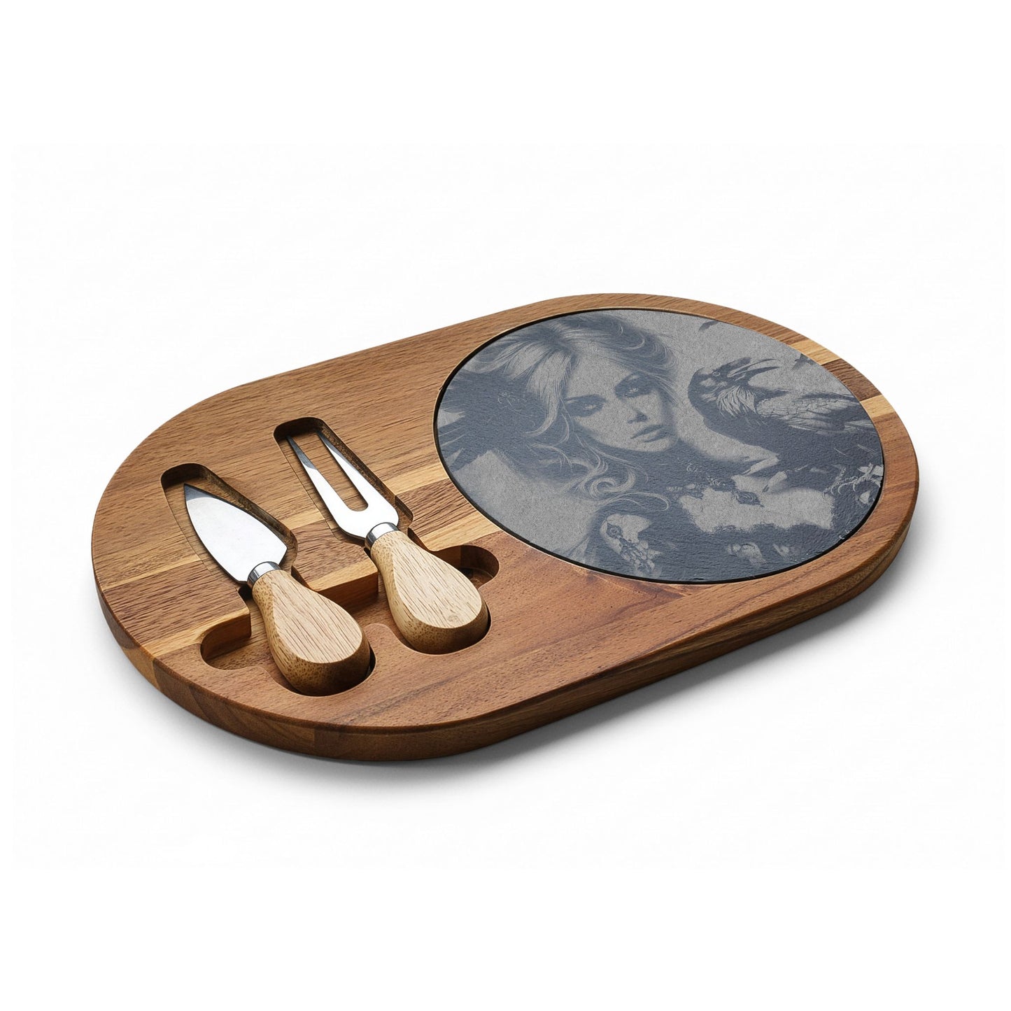 Engraved Acacia Charcuterie Board with Cheese Knives — Gothic Portrait Design
