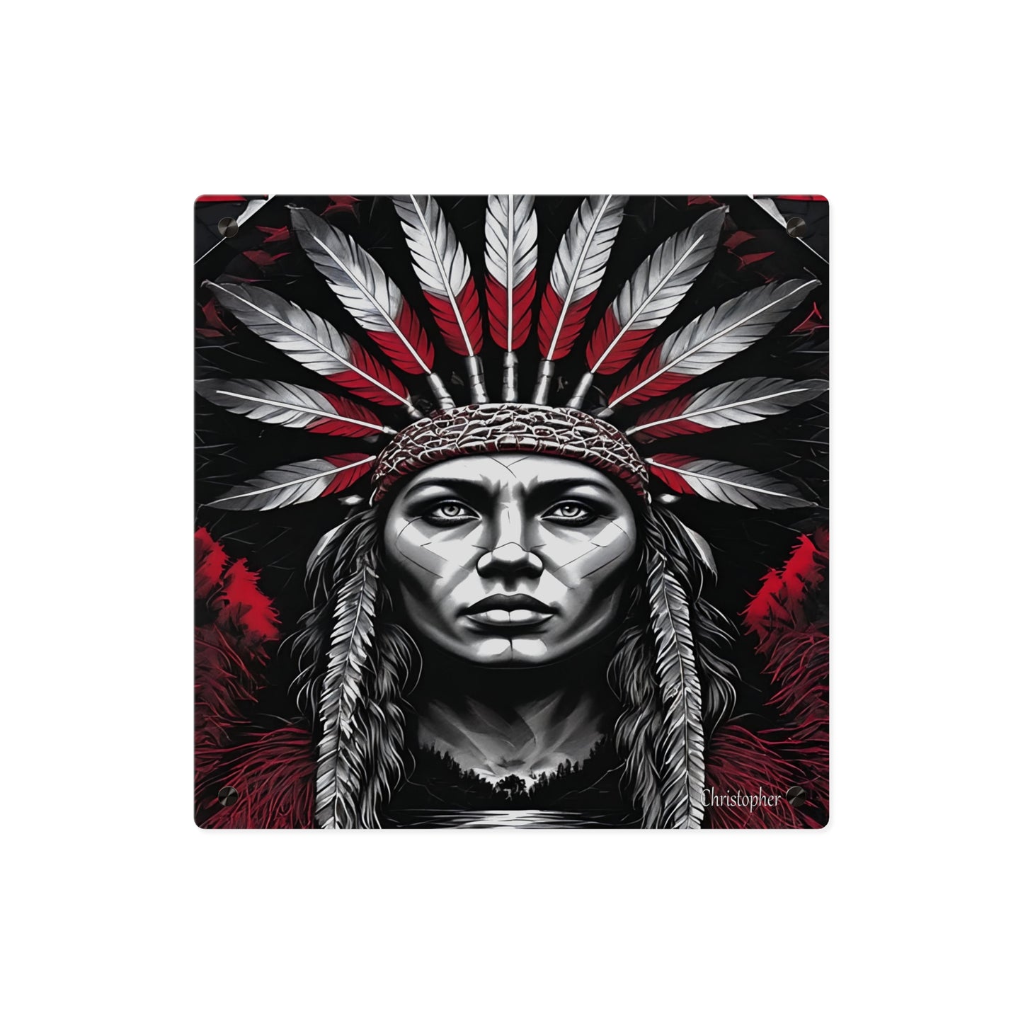 Acrylic Wall Art Panel — Bold Native Chief Portrait in Red & Black
