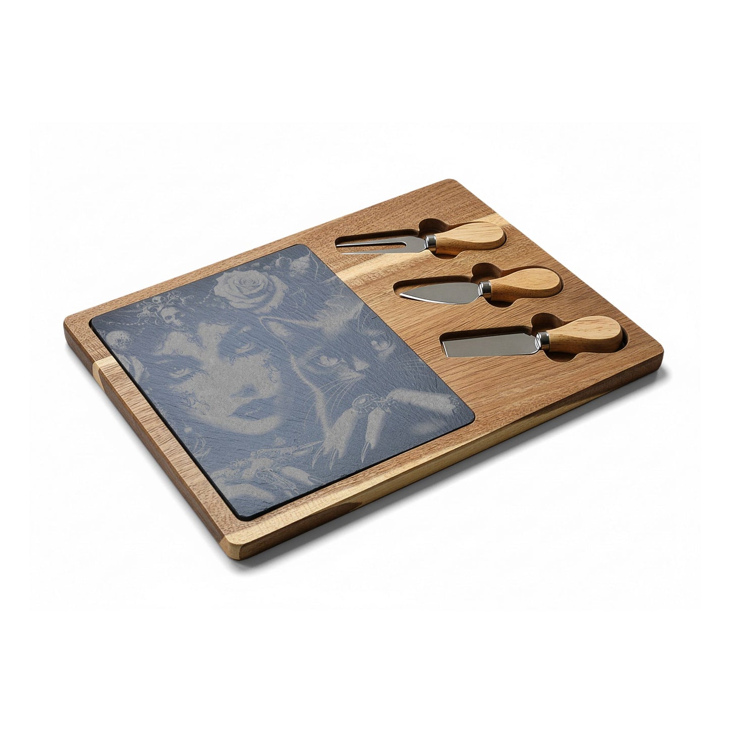 Engraved Bamboo Charcuterie Board with Gothic Woman & Cat Artwork