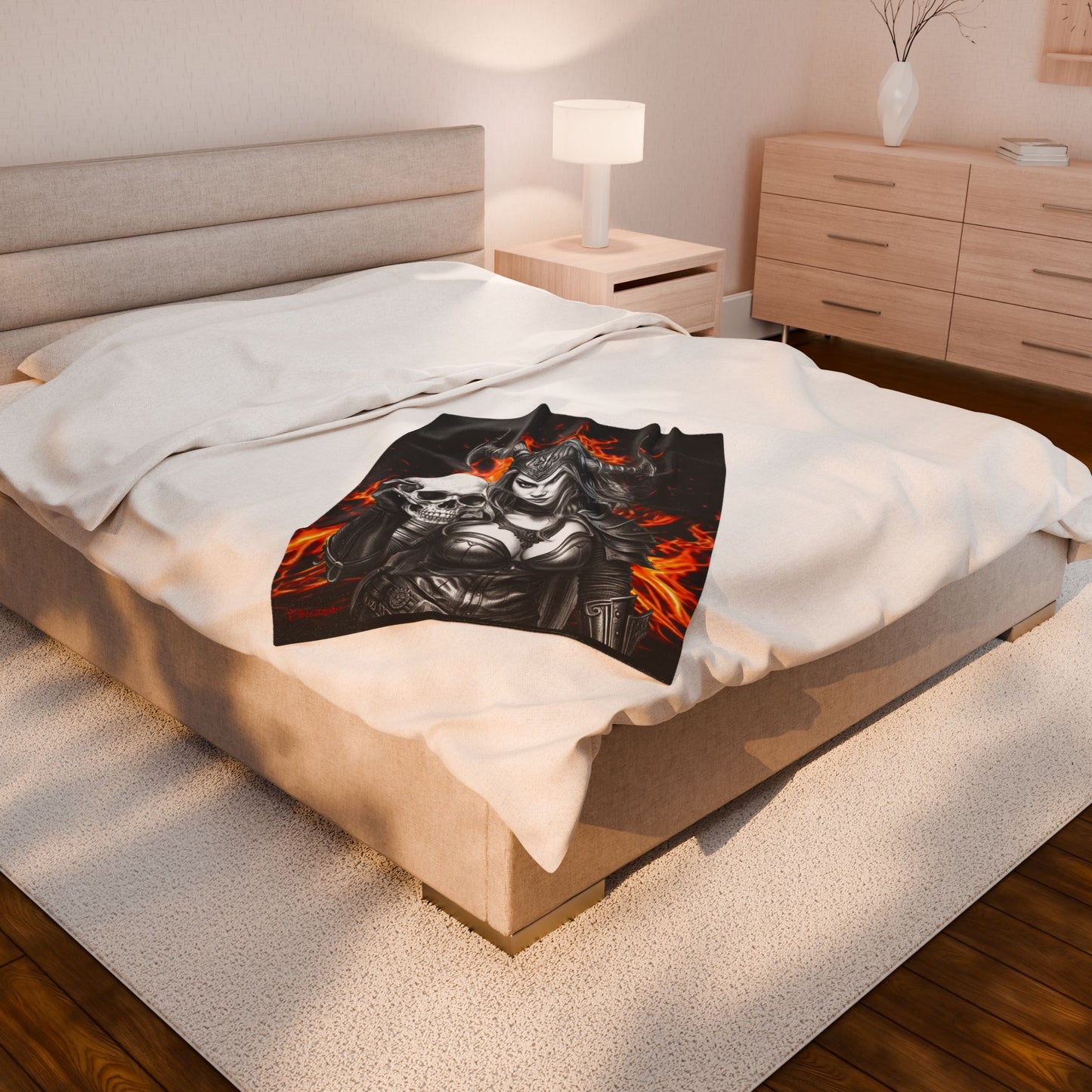 Valkyrie Skull Velvet Plush Blanket — Fiery Gothic Throw for Fantasy & Viking Fans
